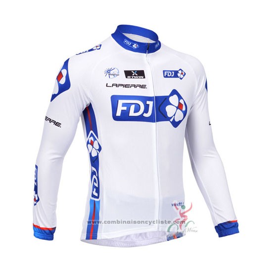2013 Maillot Cyclisme FDJ Blanc et Azur Manches Longues et Cuissard